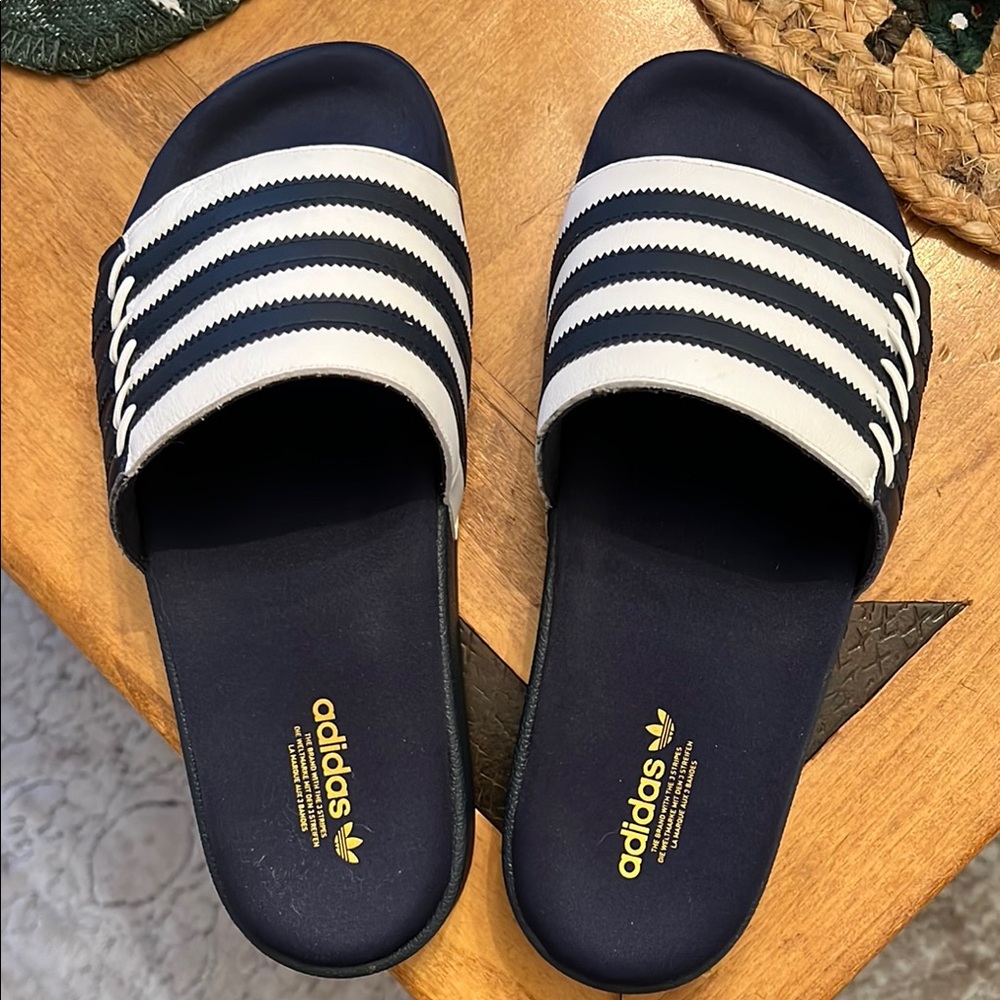 Adidas Navy and White Slide Sandals size 9